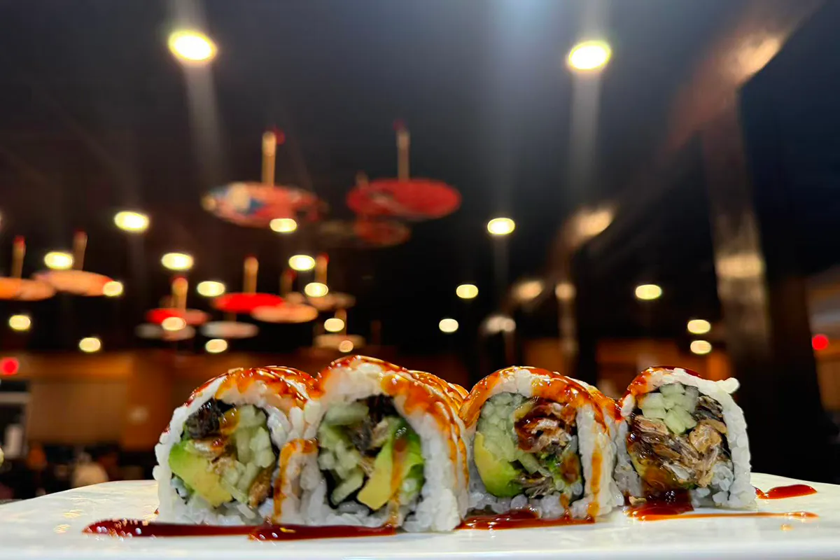 Sushi roll with eel avocado cucumber and unagi sauce at Kings Sushi, a Japanese Restaurant in Summerville